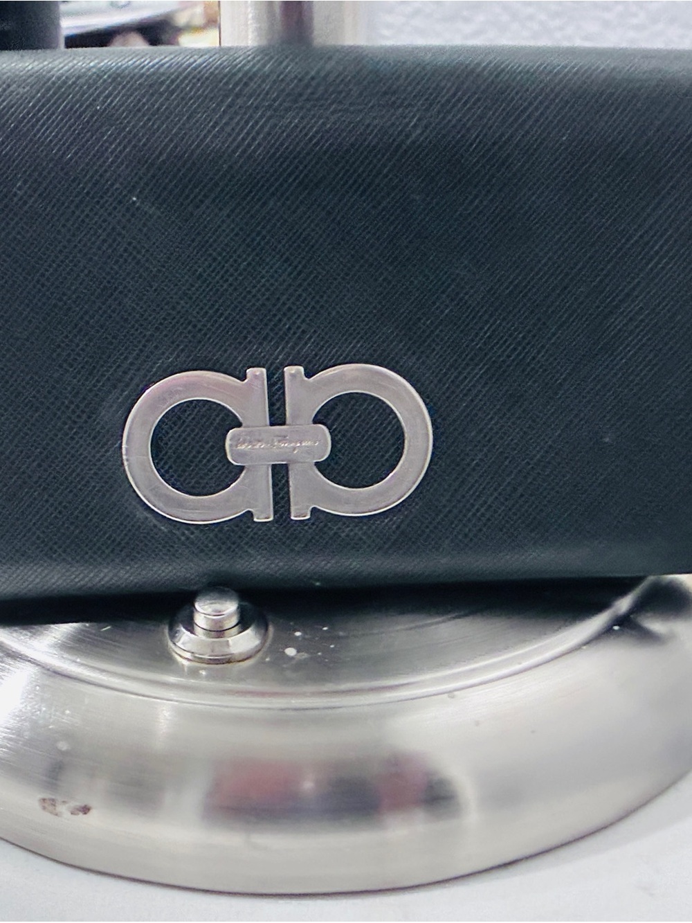 Salvatore Ferragamo Black Leather Wallet with Silver Gancini Emblem